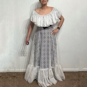 Les Wilk White Lace Ruffle Overlay Velvet Belted 70's Maxi Dress Sz M